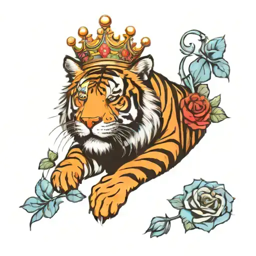 A Big crown a tiger with blue eyes wrapped around with rosses and Angeles  all black and white  tattoo design idea