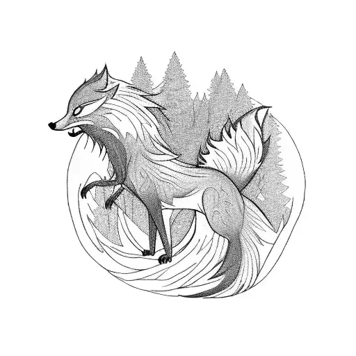 A mystical scene of a blazing fox transforming into a phoenix, surrounded by a forest with majestic mountains in the distance tattoo design idea