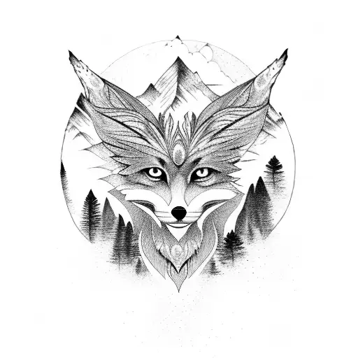 Fiery fox transforming into ashes rising to the sky and turning into a phoenix, all set in a forest with mountains in the background tattoo design idea