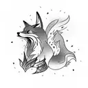 Fiery fox transforming into ashes rising to the sky and turning into a phoenix, all set in a forest with mountains in the background tattoo design idea