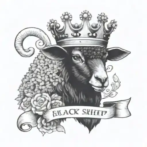 Black Sheep with a crown and text that says "At first I may seem weak but my strength goes beyond my physicality" tattoo design idea