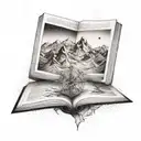 An open book with a compass rose on one page and a mountain range on the other tattoo design idea