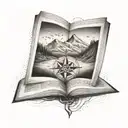 An open book with a compass rose on one page and a mountain range on the other tattoo design idea