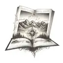 An open book with a compass rose on one page and a mountain range on the other tattoo design idea