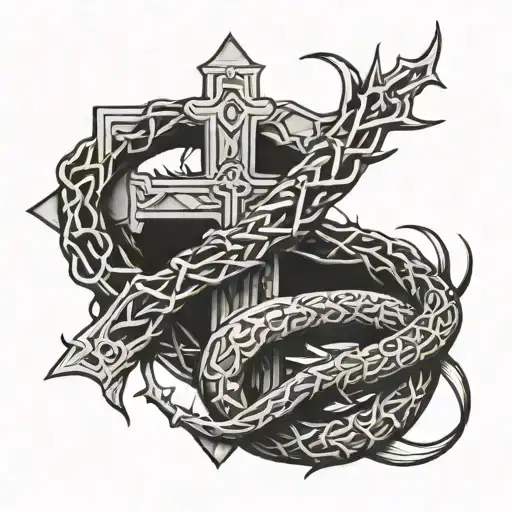serpent cross in the middle of crown of thorns  tattoo design idea