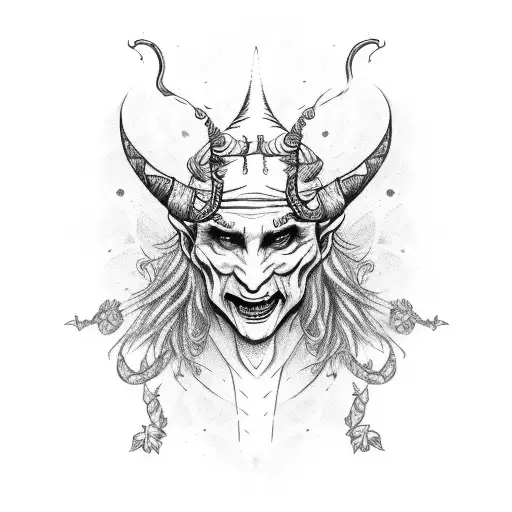 Full length jester with caduceus tattoo design idea