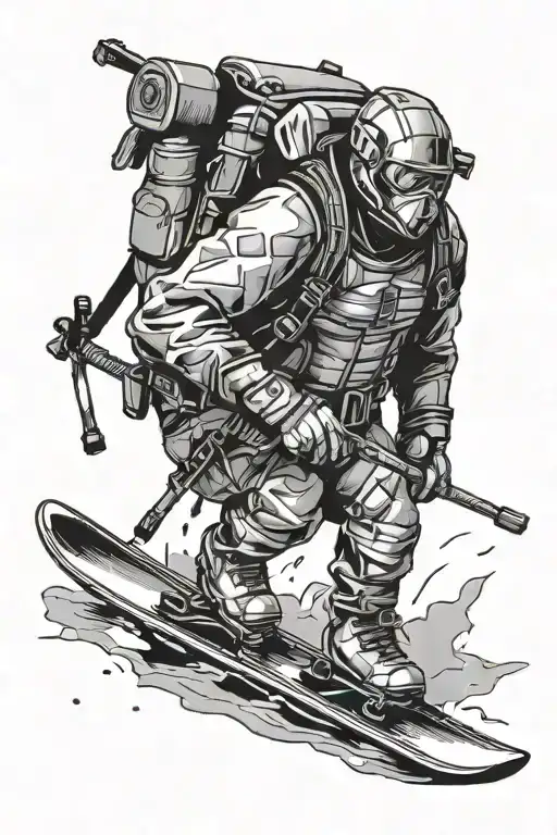 Swedish winter soldier on skiis, skiing away from the seeing with a big backpack with a small empty triangle underneeth tattoo design idea
