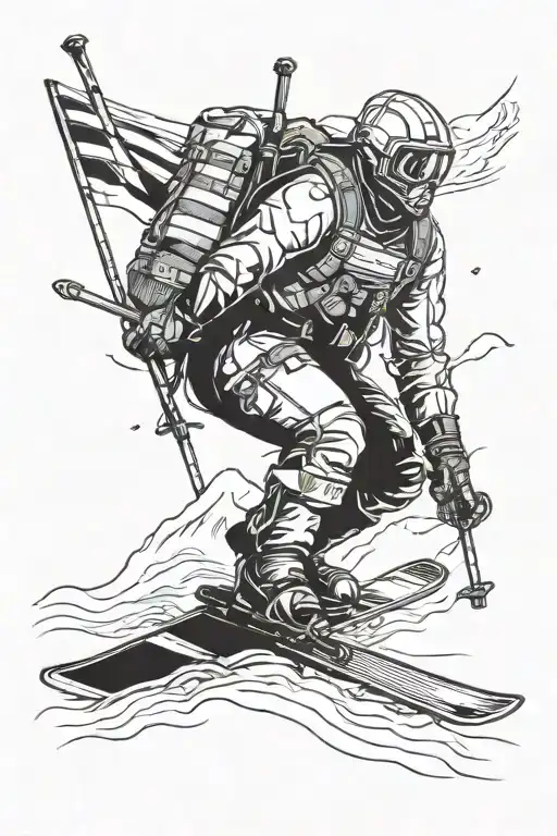 Swedish winter soldier on skiis, skiing away with a big backpack with a small empty triangle underneeth tattoo design idea