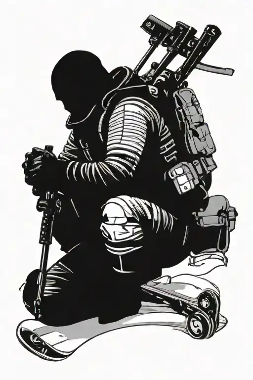 Swedish winter soldier on two skiis, with a ak5c in hands with a big backpack looking away tattoo design idea