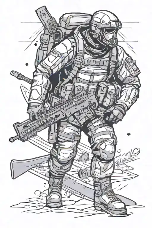 Swedish winter soldier on two skiis, with a ak5c in hands with a big backpack with a small empty triangle underneeth tattoo design idea
