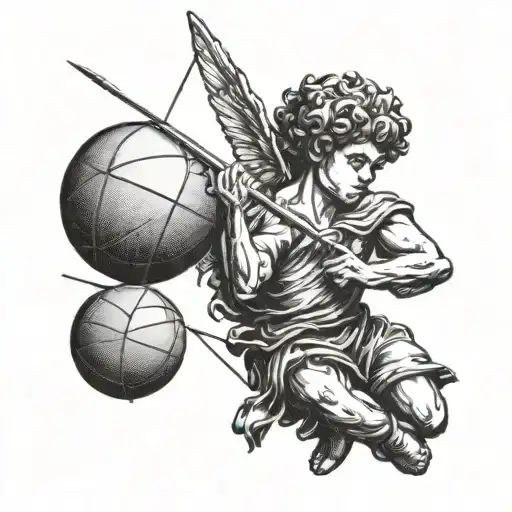 A detailed portrait of Cupid shooting a basketball arrow, blending love and passion for the game tattoo design idea