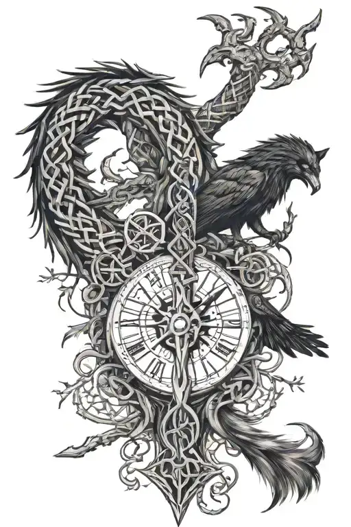 Full Sleeve: Vegvisir, Hugin/Munin, Triple Horn of Odin, Yggdrasil, Fenrir Breaking Chains, Dagger of Odin, Viking Runes tattoo design idea
