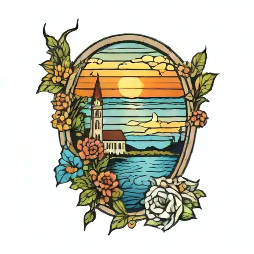 church window, summer colors, sunset over lake tattoo design idea