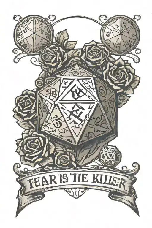 Text "Fear is the mind killer" around a d20 dice with 3 values "22", "11", "21". next to the text should be 2 small circ tattoo design idea