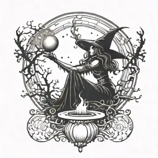 An intricate design of a witch's silhouette against a full moon with detailed candle motifs tattoo design idea