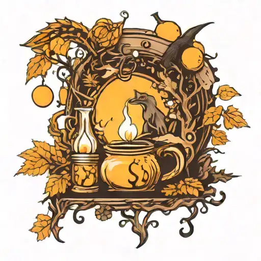 An enchanting tattoo of a witch brewing potions in a magical forest with a crescent moon and candles illuminating the scene tattoo design idea