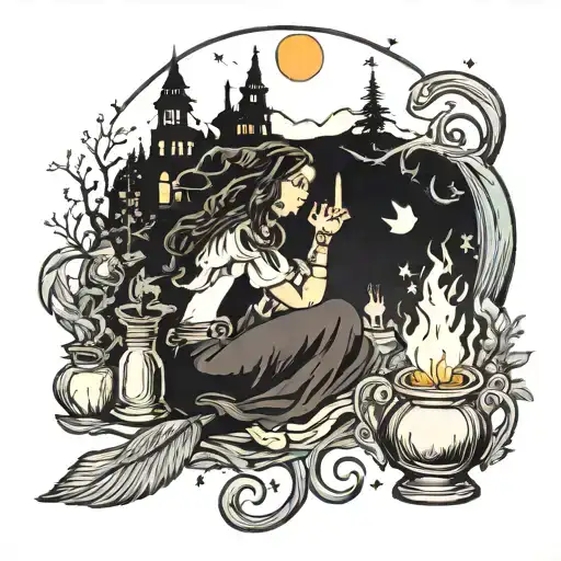An enchanting tattoo of a witch brewing potions in a magical forest with a crescent moon and candles illuminating the scene tattoo design idea