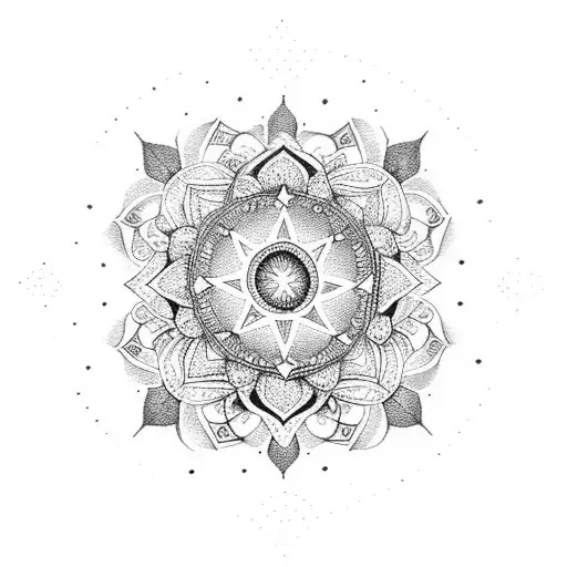 A dotwork mandala with symbols representing faith and spirituality tattoo design idea
