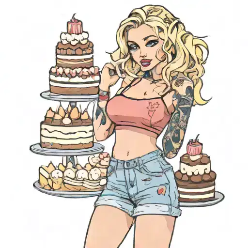 Cute blonde woman with crop top and short shorts surrounded by cakes tattoo design idea
