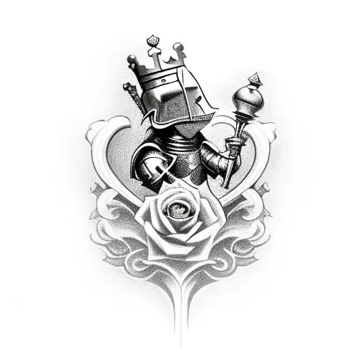Knight chess piece with a heart being held in a hand, a rose with bones. The words "you're gonna carry that weight", the tattoo design idea