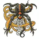 A giant black widow spider with the number 6 on its back with a black mamba snake around it tattoo design idea