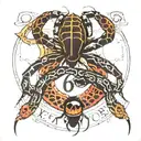 A giant black widow spider with the number 6 on its back with a black mamba snake around it tattoo design idea