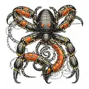 A giant black widow spider with the number 6 on its back with a black mamba snake around it tattoo design idea