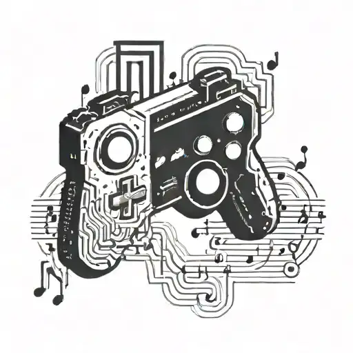 A pixelated video game controller merging into a music note tattoo design idea