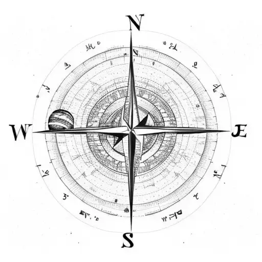 compass, planets, pine trees, mountains, world map tattoo design idea