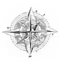 compass, planets, pine trees, mountains, world map tattoo design idea