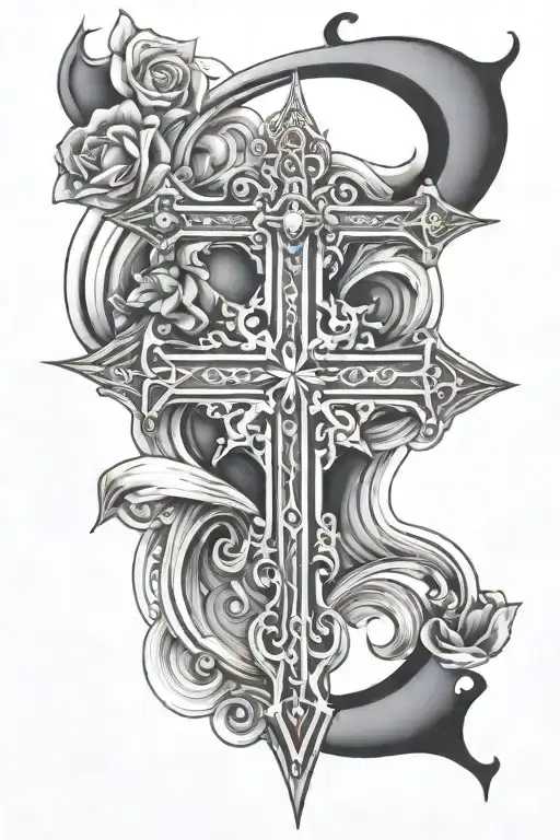 upside cross surrounded my rain drops watering flowers tattoo design idea