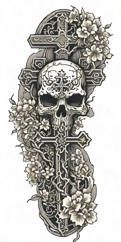 cross with cherry blossom tree inside representing strenght and skulls around it tattoo design idea