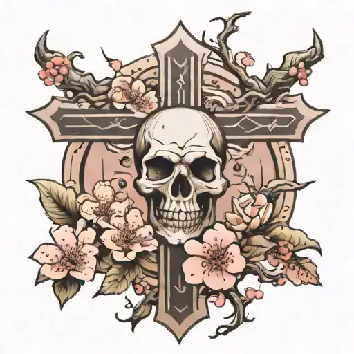 cross with cherry blossom tree inside representing strenght and skulls around it tattoo design idea