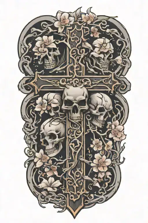 cross with cherry blossom tree and skulls surrounded tattoo design idea