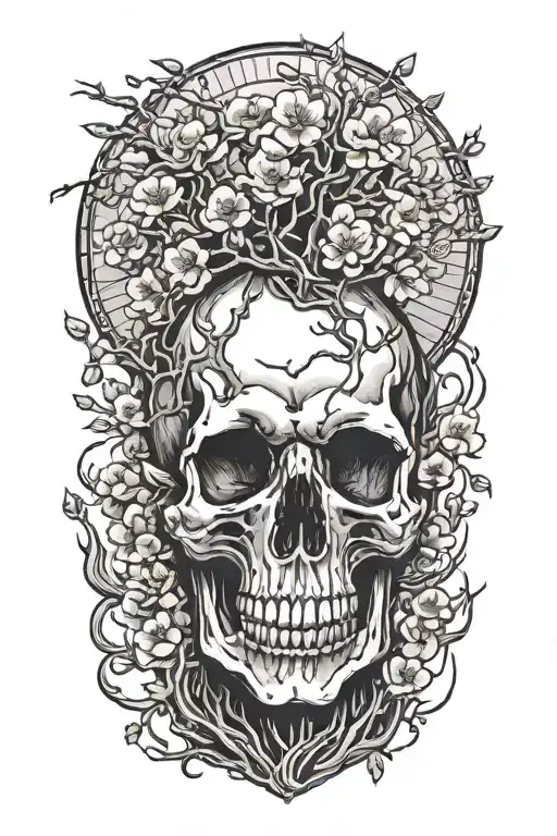 skull shooting itself and cherry blossom tree growing out of the top of the head tattoo design idea