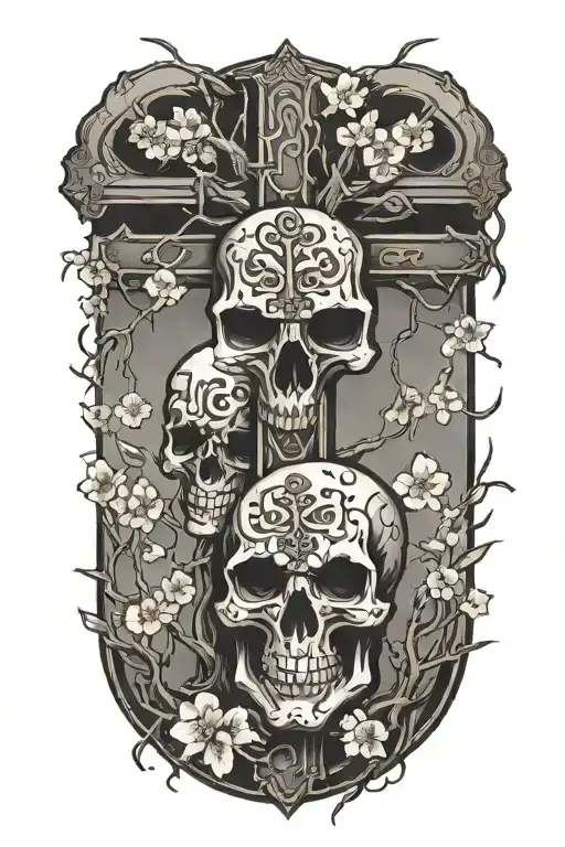 cross upside down with cherry blossom tree and skulls surrounded tattoo design idea