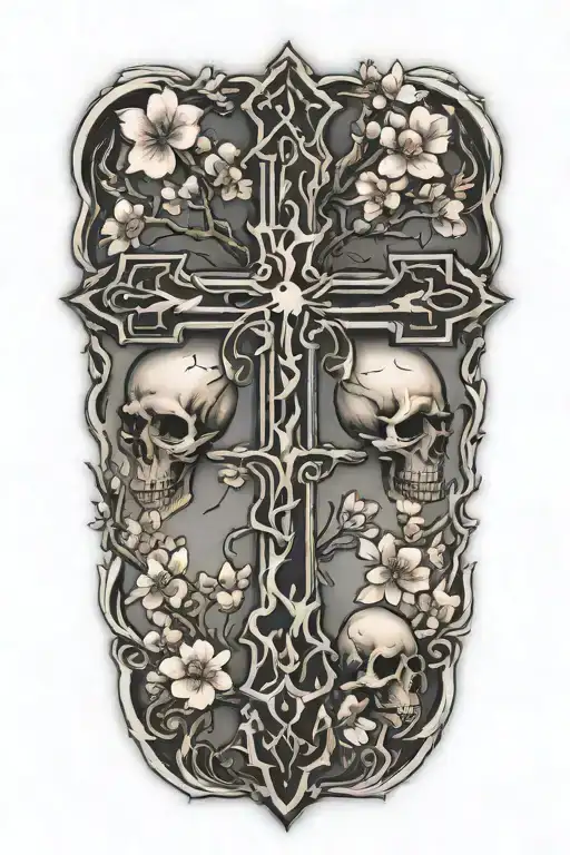 cross with cherry blossom tree inside representing strenght and skulls around it tattoo design idea