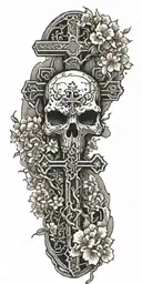 cross with cherry blossom tree inside representing strenght and skulls around it tattoo design idea