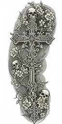 cross with cherry blossom tree inside representing strenght and skulls around it tattoo design idea