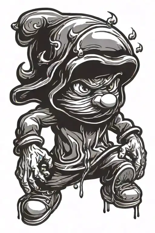 black and white Smurf with hoodie on head walking tattoo design idea