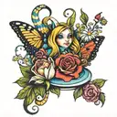alice in wonderland + flowers with faces + smoking caterpillar  tattoo design idea