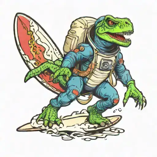 trex in an astronaut clothes is Surfing  tattoo design idea