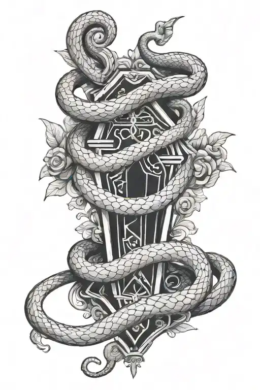 coffin and snake tattoo design idea