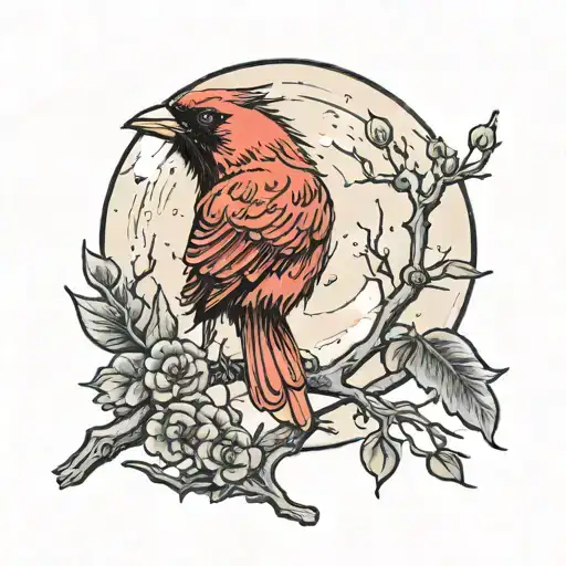 A red cardinal bird on a branch with a crow under the full moon tattoo design idea