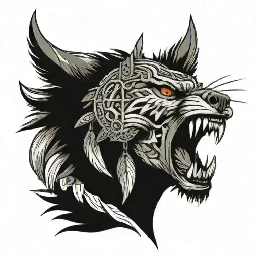 screaming warrior with wolf headress facing east tattoo design idea