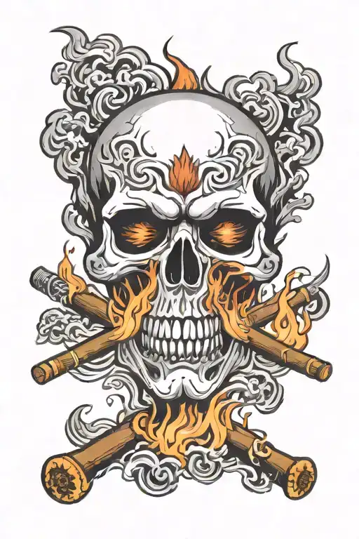 Angry Flaming Skull Smoking a Cigar Surrounded by Flames tattoo design idea