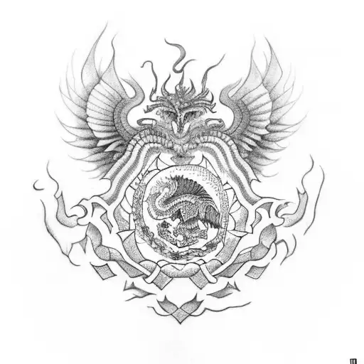 A dotwork tattoo depicting the flags of México, Spain, and Argentina morphing into three fierce dragons, with their red eyes symbolizing the bond between the three brothers tattoo design idea