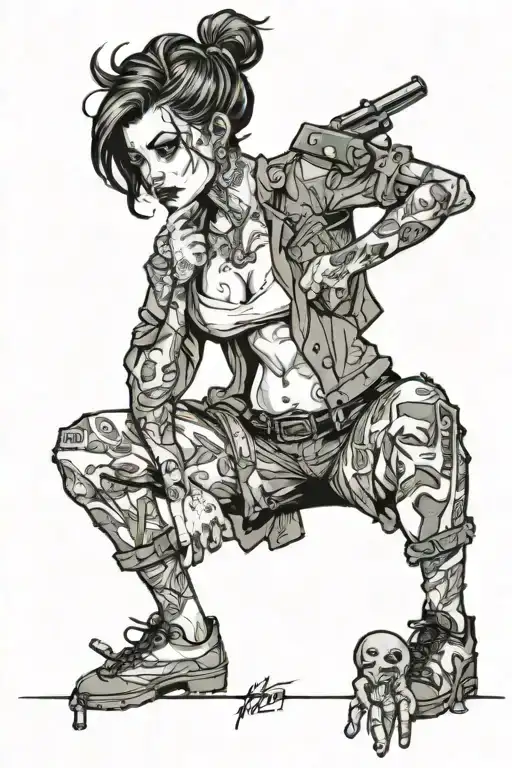 "Fuck around and find out", female standing menacingly with a gritty look, scars, hair disheveled, rips in clothing.  tattoo design idea