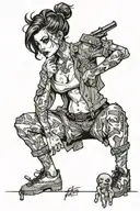 "Fuck around and find out", female standing menacingly with a gritty look, scars, hair disheveled, rips in clothing.  tattoo design idea