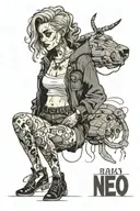 "Fuck around and find out", female standing menacingly with a gritty look, scars, hair disheveled, rips in clothing.  tattoo design idea